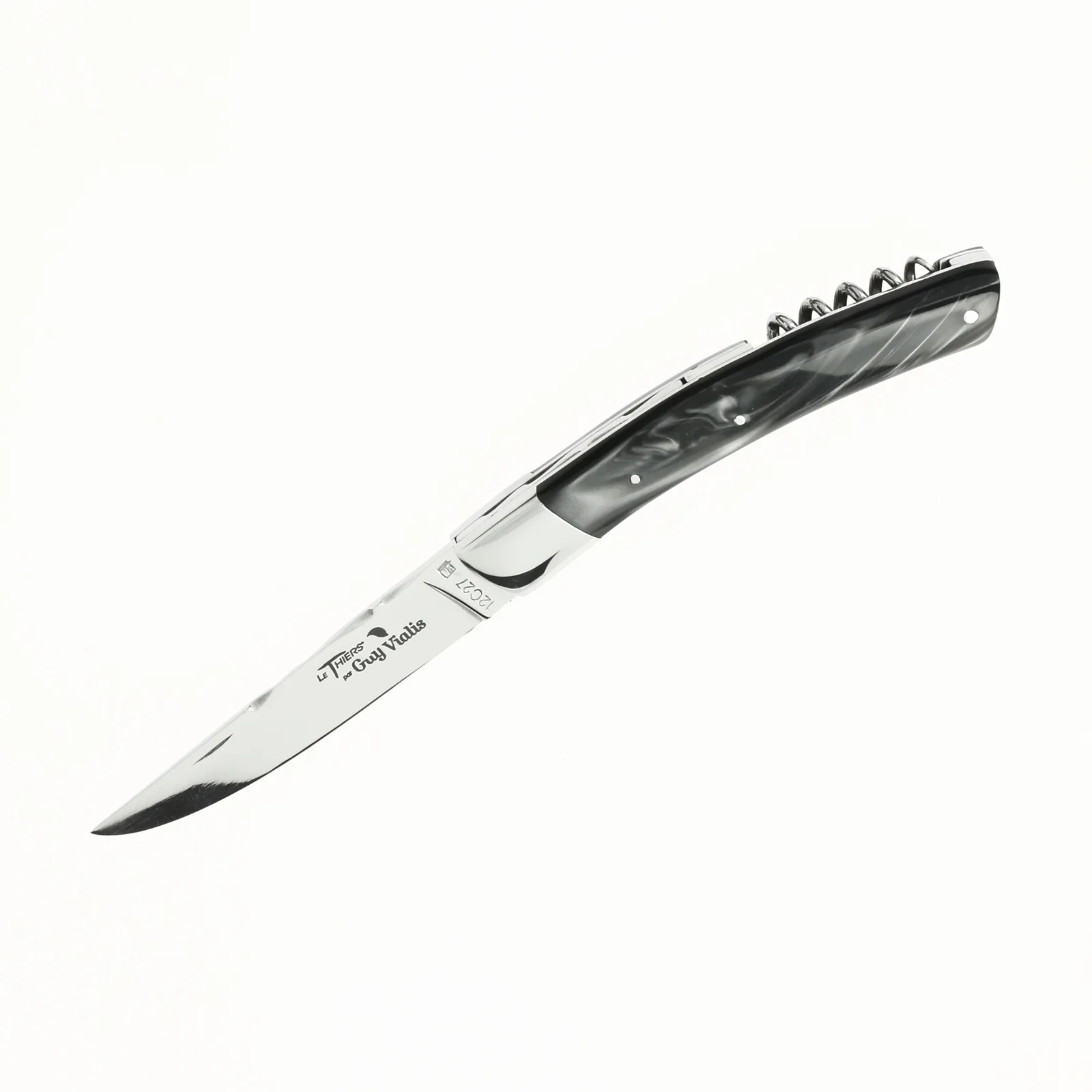 Guy Vialis Le Thiers Folding knife front top bolster 11 cm with corkscrew mirror polish Black acrylic