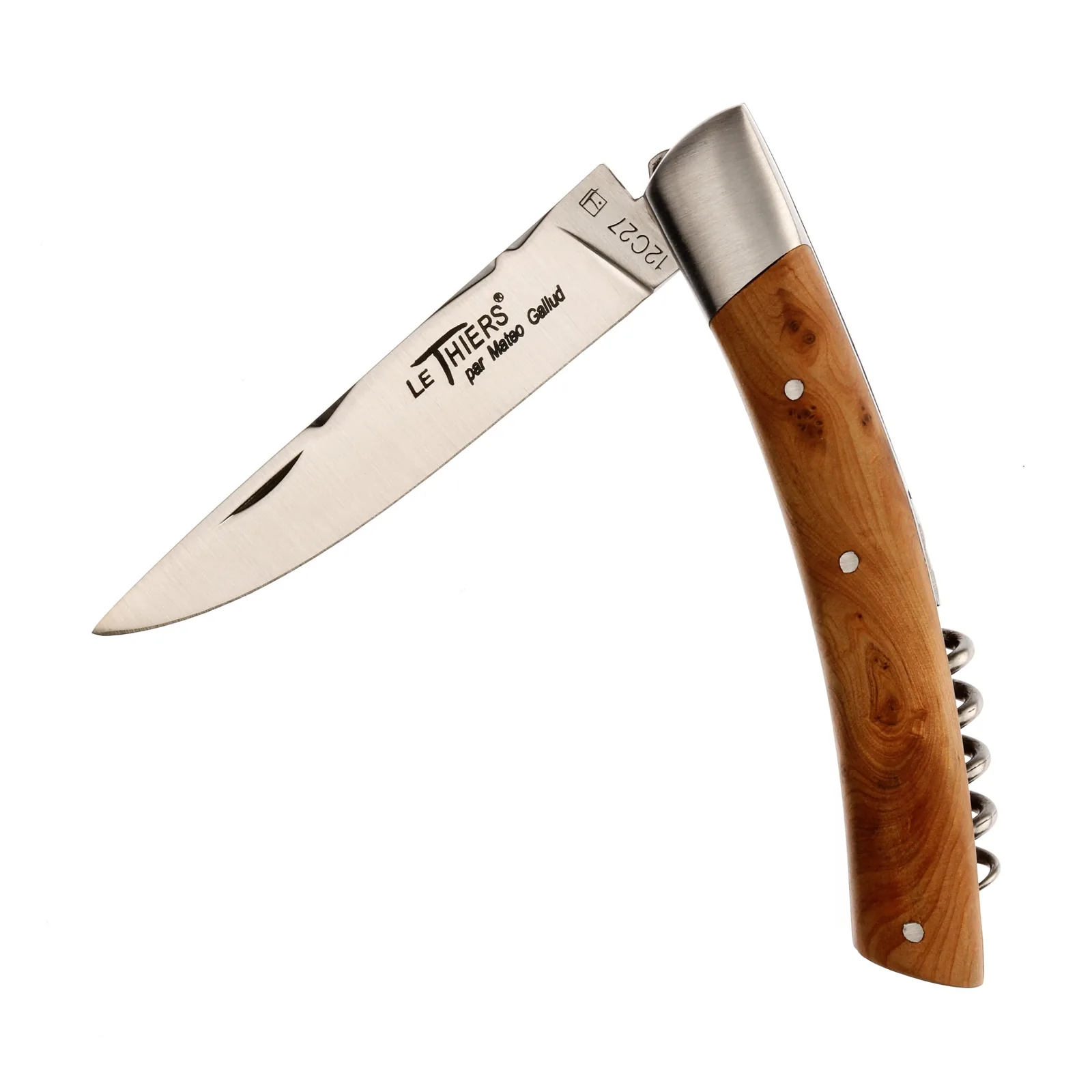 Guy Vialis Le Thiers Folding knife front top bolster 11 cm with corkscrew brushed Cade wood