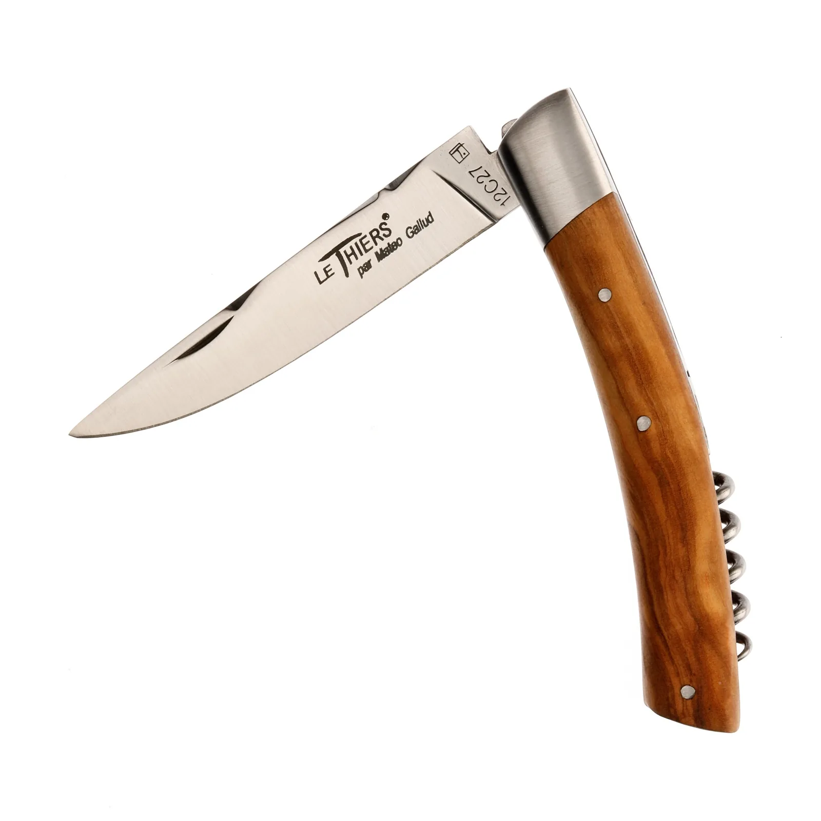 Guy Vialis Le Thiers Folding knife front top bolster 11 cm with corkscrew brushed Olive wood