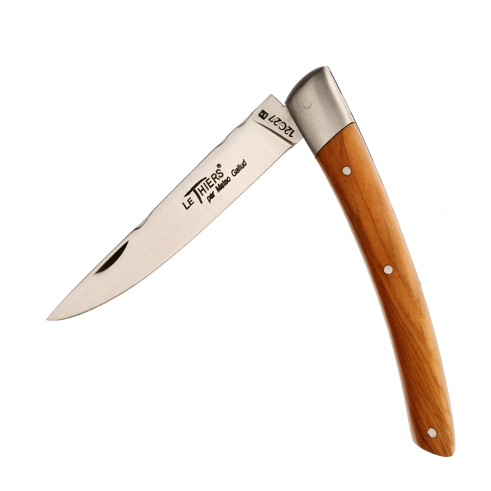Guy Vialis Le Thiers Folding knife brushed Olive wood front top bolster 11 cm