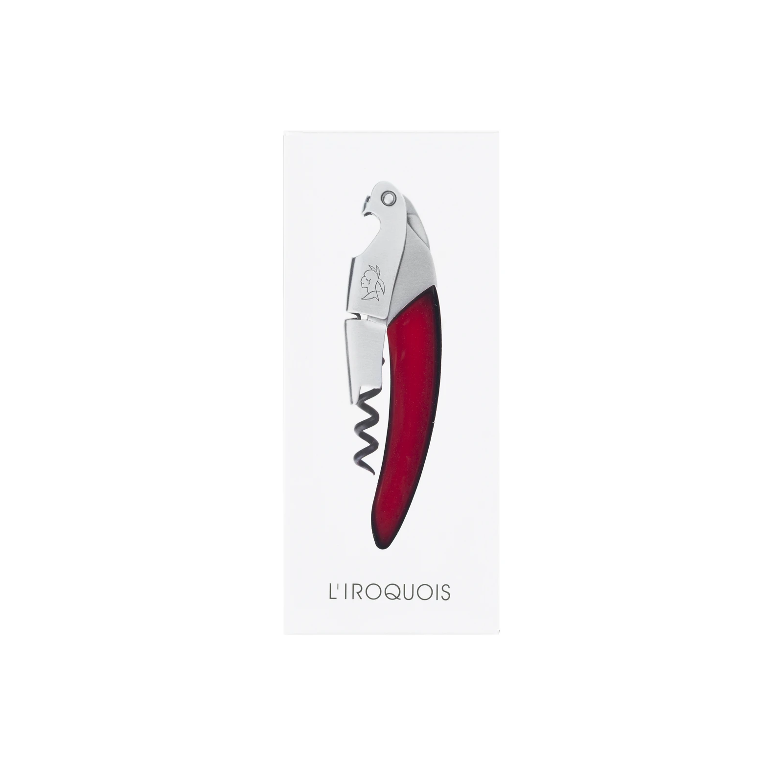 L'Iroquois corkscrew Red 186C PLA with white box packaging