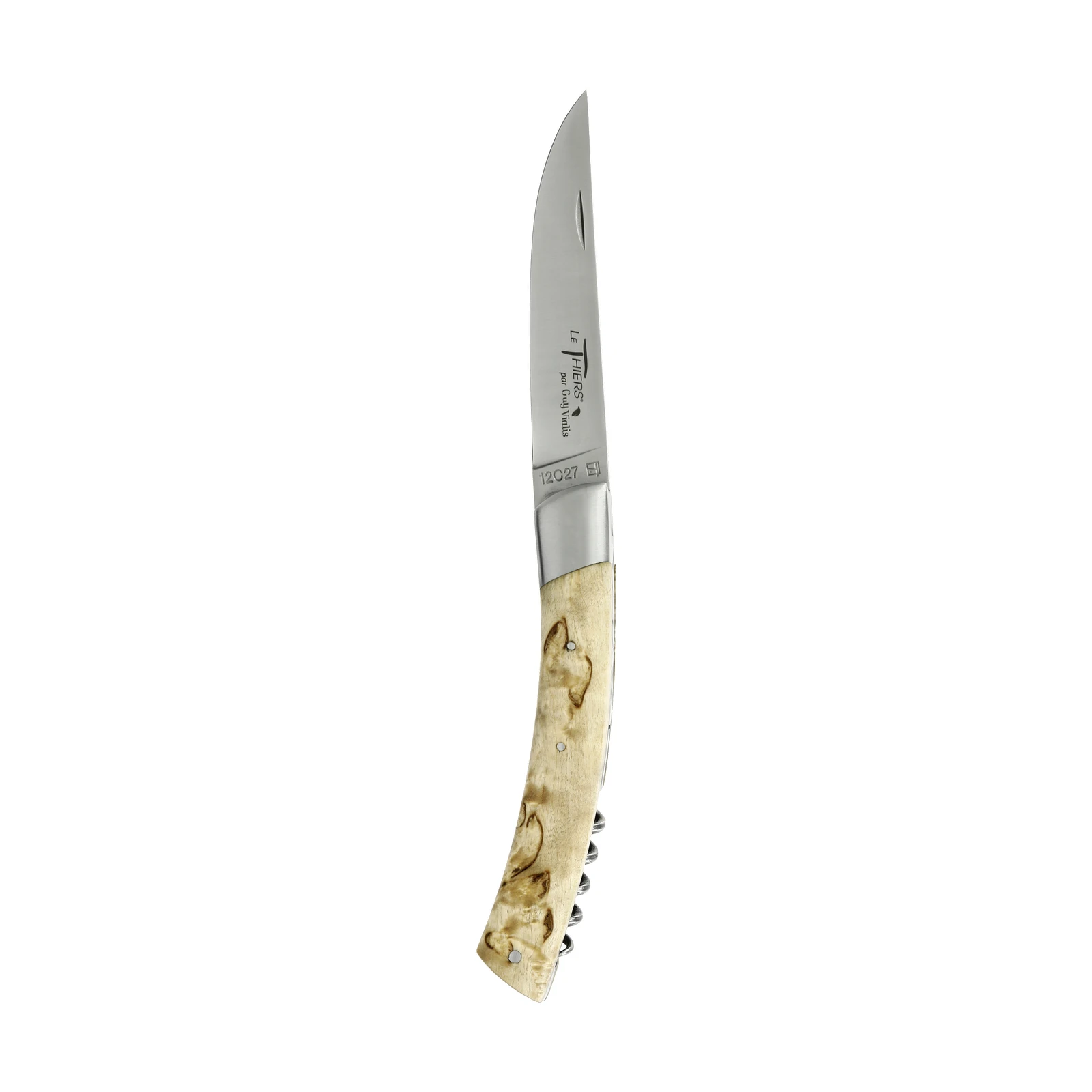 Guy Vialis Le Thiers Folding knife front top bolster 11 cm with corkscrew brushed Norwegian Birch wood