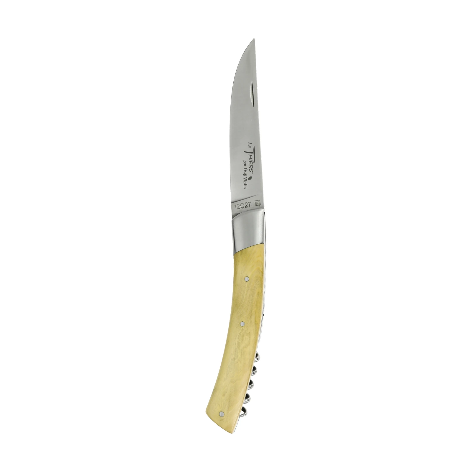 Guy Vialis Le Thiers Folding knife front top bolster 11 cm with corkscrew brushed Boxwood