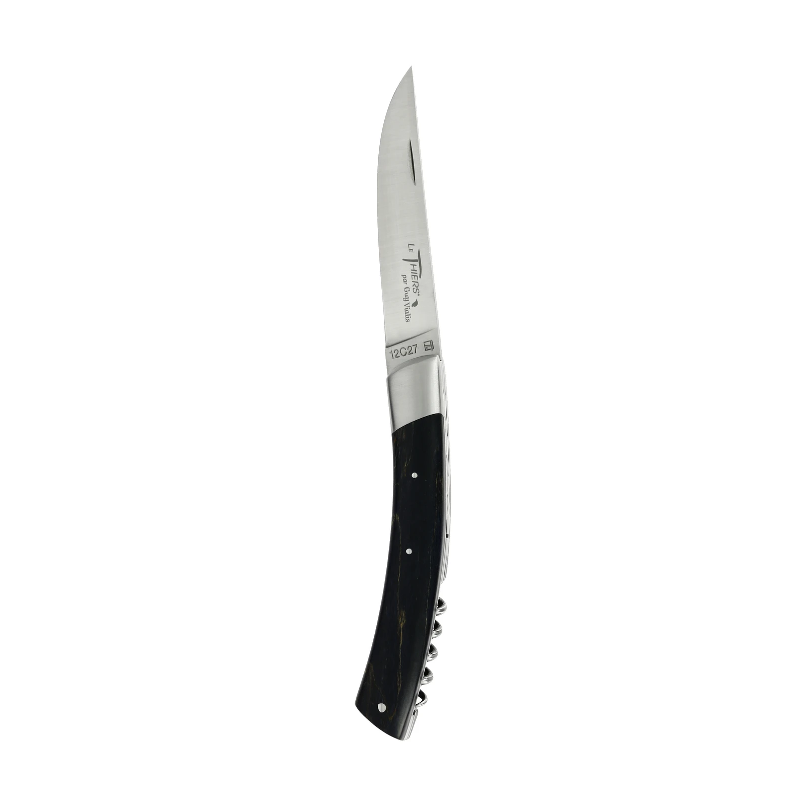 Guy Vialis Le Thiers Folding knife front top bolster 11 cm with corkscrew brushed Ebony wood