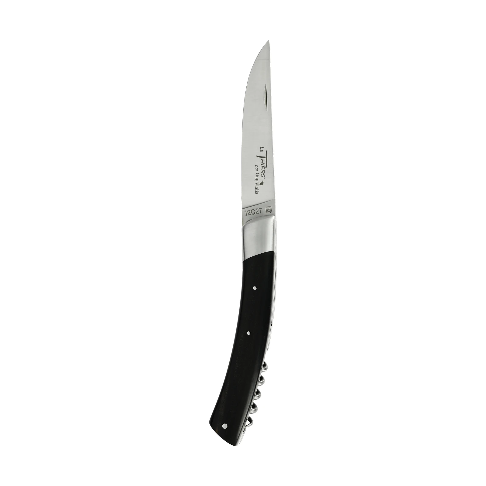 Guy Vialis Le Thiers Folding knife front top bolster 11 cm with corkscrew brushed Ebony wood and yellow brace