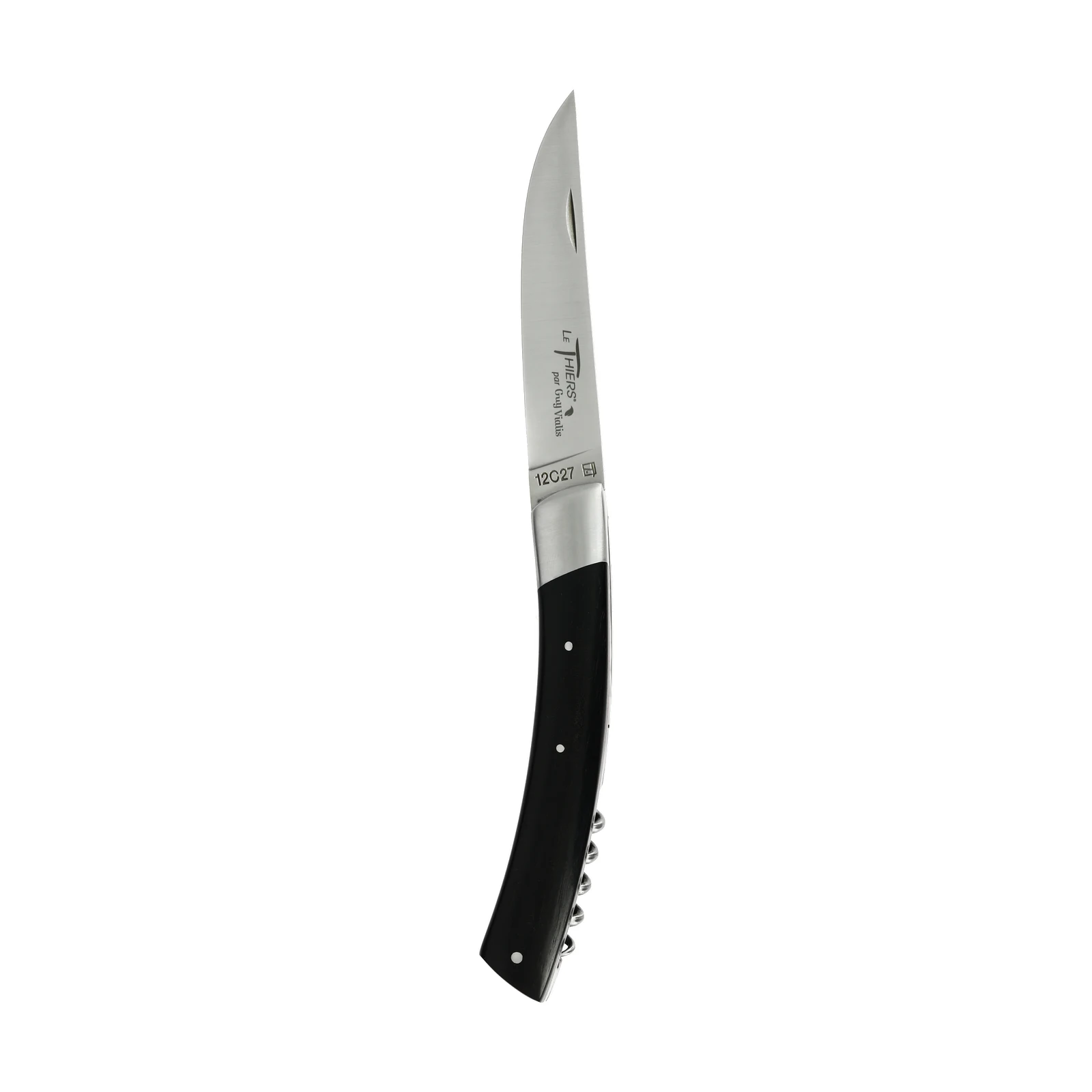 Guy Vialis Le Thiers Folding knife front top bolster 11 cm with corkscrew brushed Ebony wood and red brace