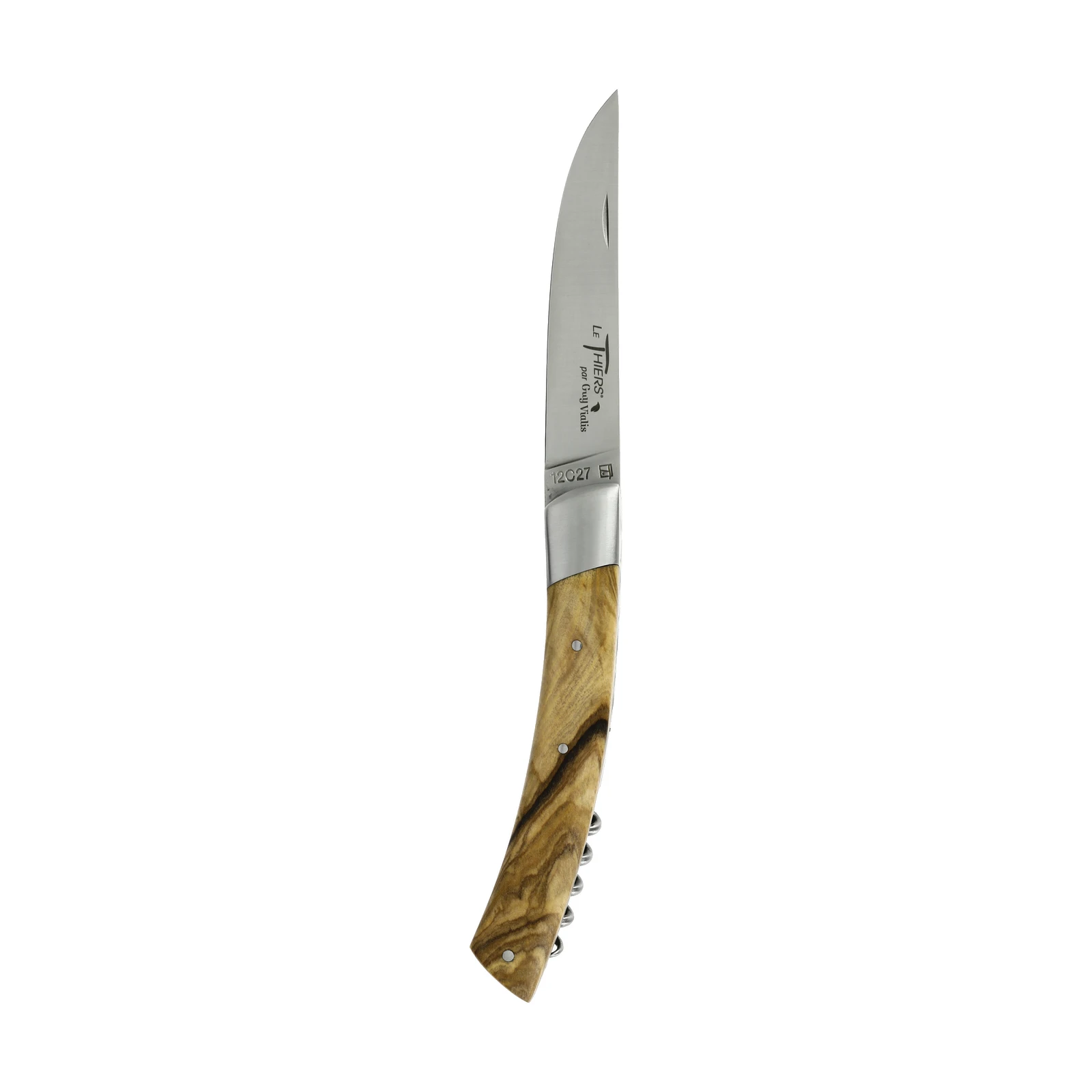 Guy Vialis Le Thiers Folding knife front top bolster 11 cm with corkscrew brushed Olive wood