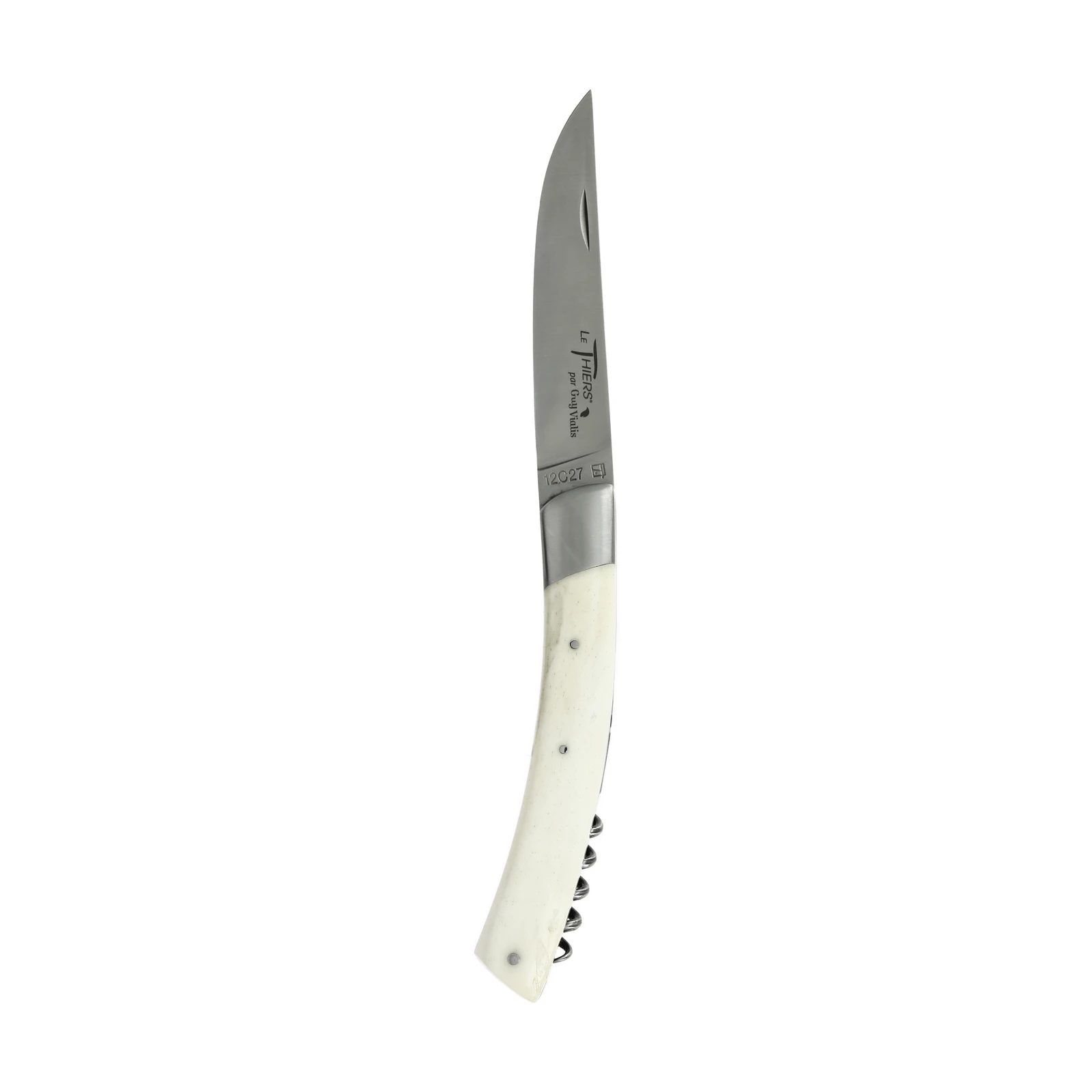 Guy Vialis Le Thiers Folding knife front top bolster 11 cm with corkscrew brushed White bone