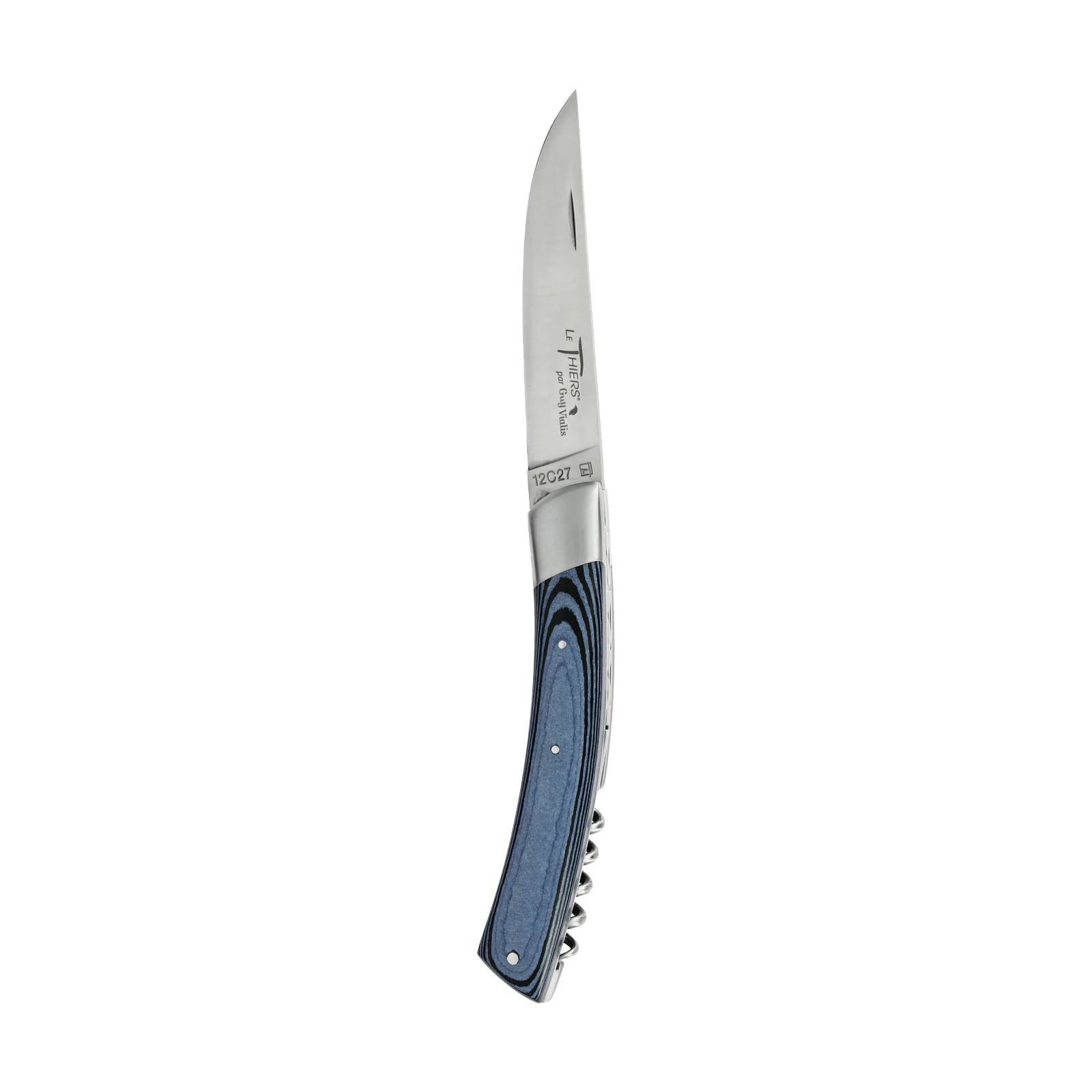Guy Vialis Le Thiers Folding knife front top bolster 11 cm with corkscrew brushed Blue Paperstone