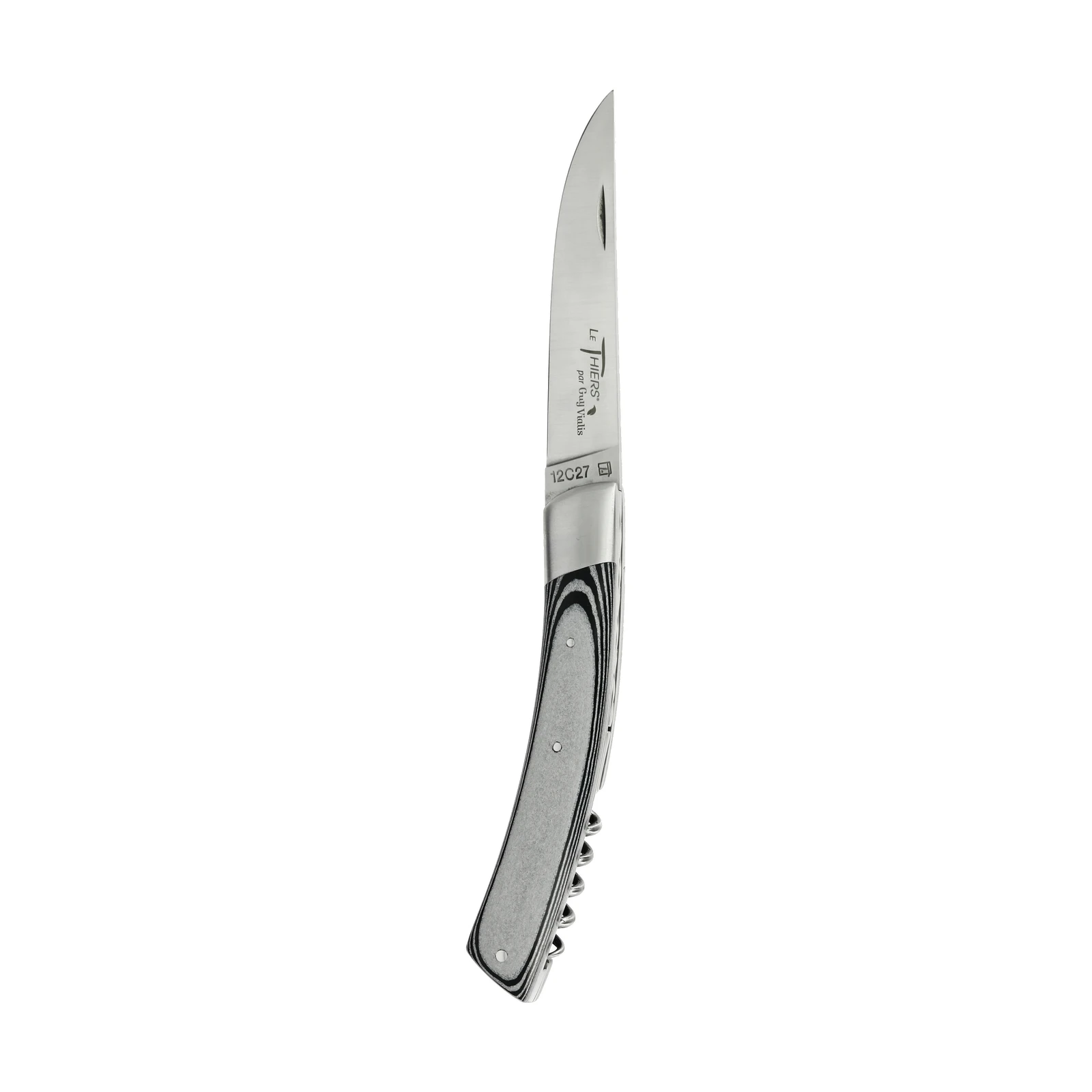 Guy Vialis Le Thiers Folding knife front top bolster 11 cm with corkscrew brushed Grey Paperstone