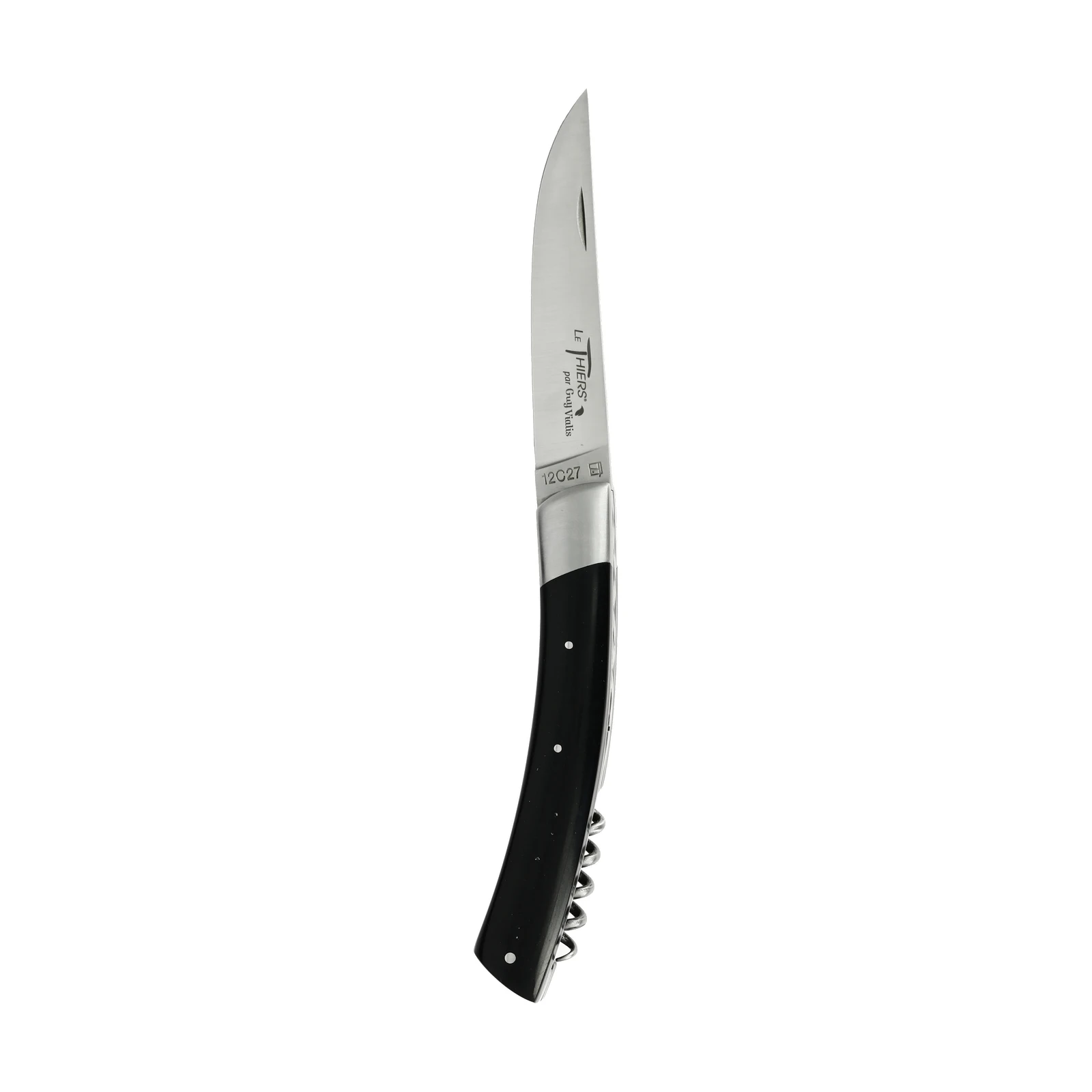 Guy Vialis Le Thiers Folding knife front top bolster 11 cm with corkscrew brushed Black Paperstone