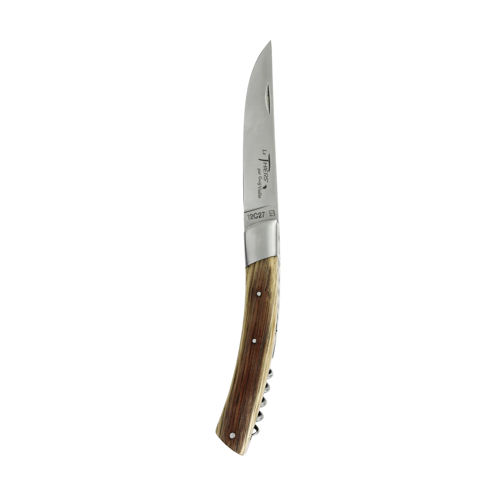 Guy Vialis Le Thiers Folding knife front top bolster 11 cm with corkscrew brushed Oak barrel wood